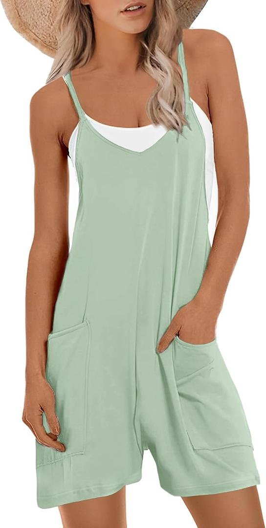 Muchpow Women's Casual Rompers Summer V-Neck Sleeveless Spaghetti Strap Overalls Loose Short Jumpsuit with Pockets 2026 (Green, XL)