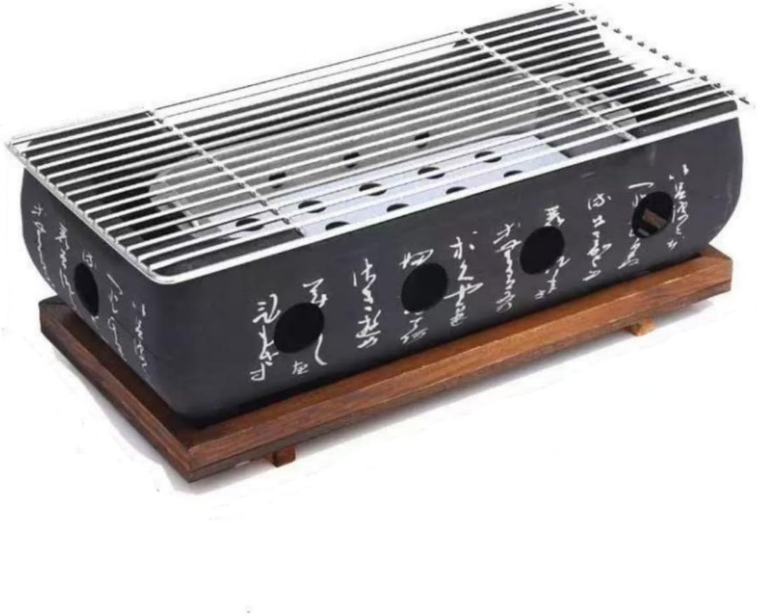Japanese Style Hibachi Grill, Portable Tabletop Yakitori Charcoal Grill for Indoor Outdoor BBQ with Wooden Base & Wire Mesh 6.7x4.73x13.6in (XL)