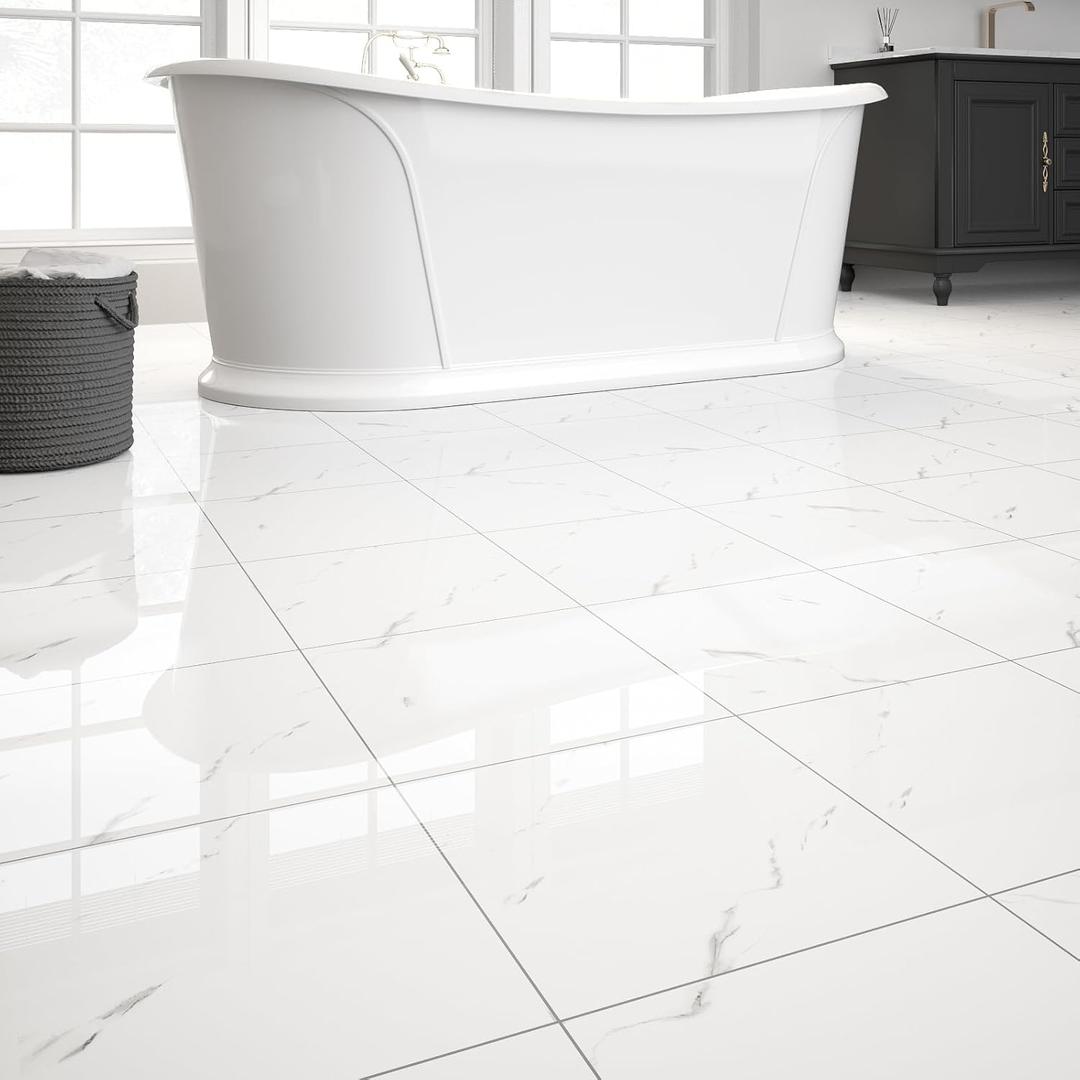 20-Pack Peel and Stick Floor Tiles Vinyl Floor 12 x 12 inch Self Adhesive Waterproof Glossy Flooring Planks DIY for Bathroom, Kitchen, Living Room, RV, Cover 20 Sq. Ft, Polish White Marble