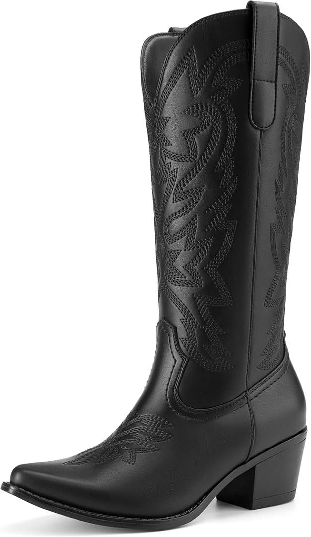 Athlefit Cowboy Cowgirl Boots for Women Fashion Low Chunky Heel Snip Toe Embroidery Western Mid Calf Boots (7.5, Black)