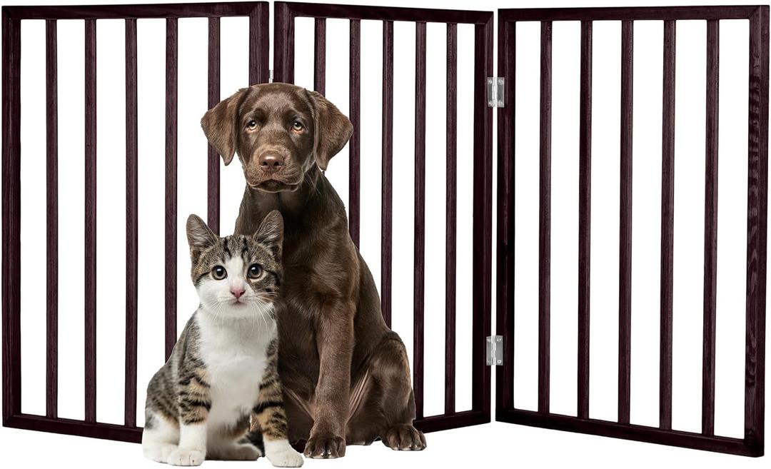 3-Panel Indoor Foldable Dog Fence for Stairs, Hallways, or Doorways - 54x24-Inch Wood Freestanding Dog Gates by PETMAKER (Brown)