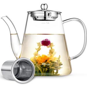 Glass Teapot, 1200ml (40oz) Tea Pot with Infuser for Loose Tea and Blooming Tea, Stovetop Safe Tea Kettle, Hand Crafted Borosilicate Glass Tea Maker with Scale Line, Tea Gift Set for Tea Lovers
