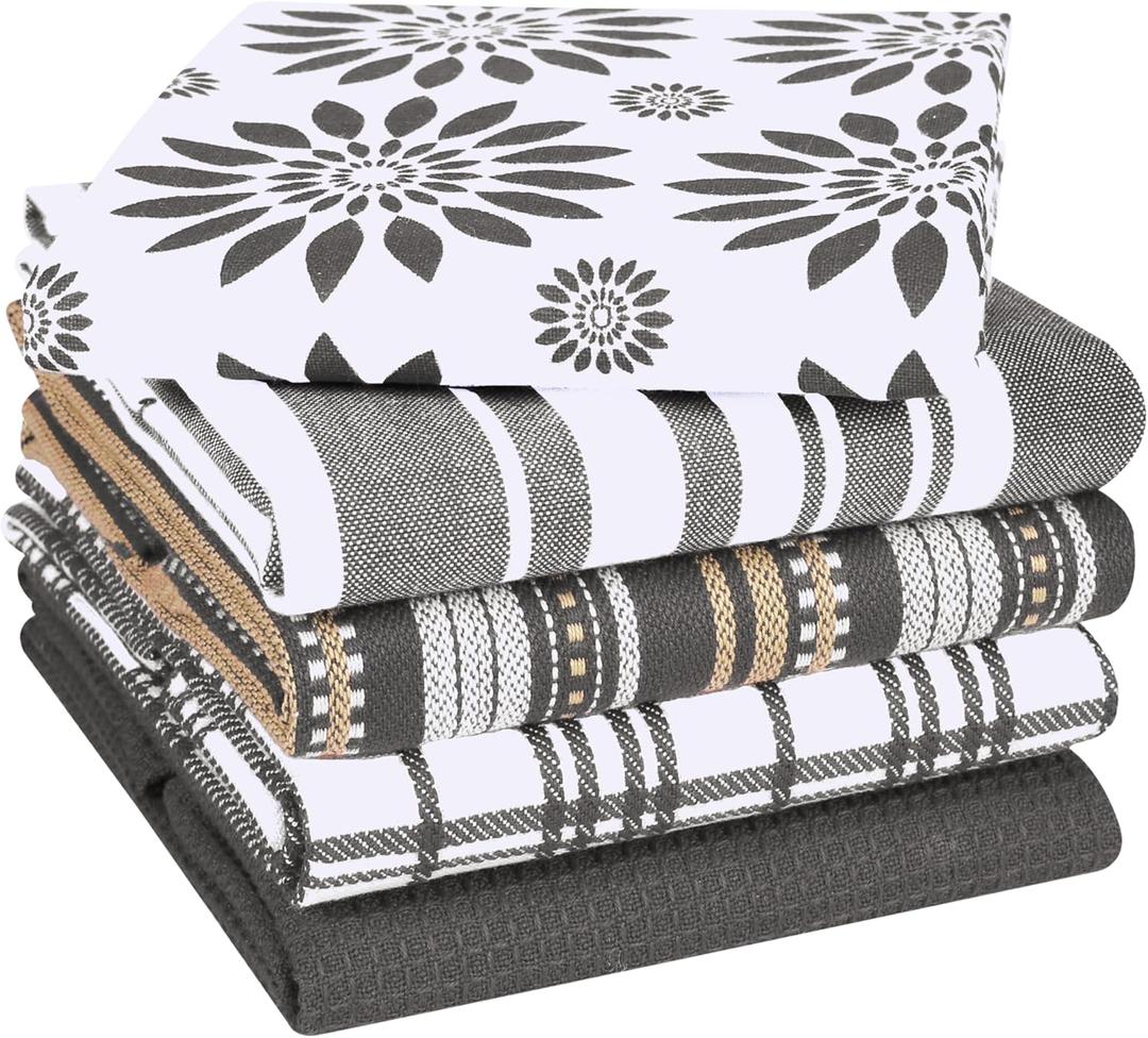 Assorted Kitchen Towels Large 16x26 inches 100% Cotton Set of 5 - Soft Absorbent Tea Towel for Kitchen - Quick Drying Dish Towels - Dish Cloths with Hanging Loop - Grey (Gray)
