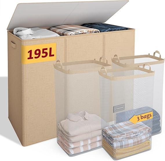 195L Laundry Hamper 3 Section, Large Laundry Hamper with Lid, Dirty Clothes Hamper with 3 Inner Bags, Collapsible Laundry Basket Organizer for Laundry Room, Bedroom, Laundry Sorter Hamper 3 Compartment (Beige)