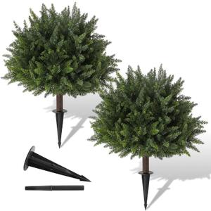 Pertivery 2 Pack Artificial Cedar Topiary, 23.6Inch UV Resistant Artificial Shrubs, with Ground Spikes, Indoor and Outdoor Fake Evergreen Tree for Porch, Garden, Front Door Decoration