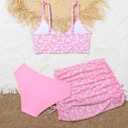 QJQ Girl's 3 Piece Floral Swimsuit Cute V Neck Bikini Set High Waisted Bathing Suit Sheer Mesh Cover Up Skirt (Pink), 16 Years