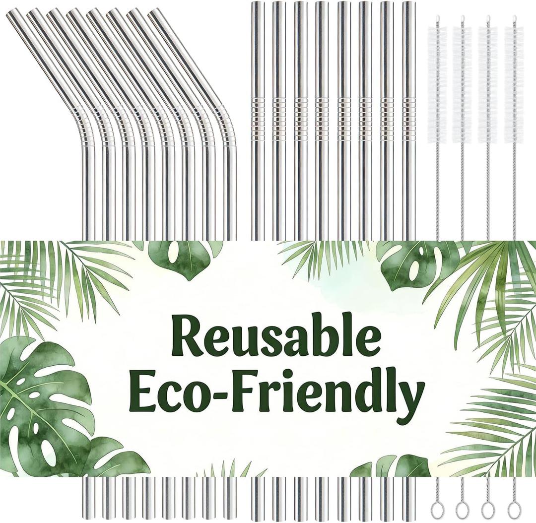 16-Pack Stainless Steel Straw,Reusable Straws 8 Straight & 8 Bent (8.5 Inch) Metal Drinking Straws with 4 Cleaning Brushes,Replacement Straws,Dishwasher Safe,Ideal for Home,Travel