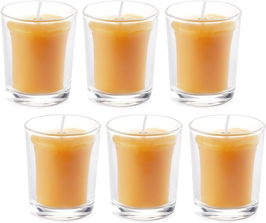 6PCS Pure Beeswax Votive Candles in Glass Cup, Unscented, Naturally Lightly Honey Scented, 12 Hours Burn Time Each (Raw)