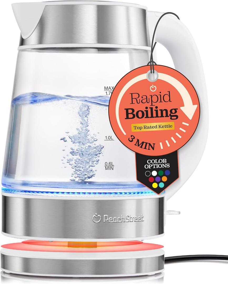 Speed-Boil Water Electric Kettle, 1.7L 1500W, Coffee & Tea Kettle Borosilicate Glass, Water Boiler, Auto Shut-Off, Cool Touch Handle, Base Detachable, LED. 360 Rotation, Boil Dry Protection (White)