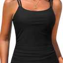 Tummy Control Tankini Top for Women - Ruched Slimming Swim Top Only Double Straps Modest Bathing Suit Top No Bottom (Black, L)