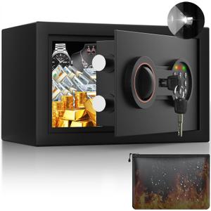 Small Safe for Home, 6.69"H Safe Box with Fireproof Waterproof Bag for College Dorm Room, Money Safe with Alarm System, Sensor LED Light, Wall/Floor Mountable, Hidden Safes for Cash, Jewelry, Medicine (0.3 Cub)