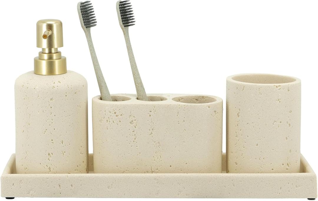 ZCCZ -Beige Bathroom Accessories Set 4 Pcs - Toothbrush Holder, Soap Dispenser, Vanity Tray, Bathroom Tumbler - Countertop Vanity Organizer - Bathroom Accessory Set- Toothbrush Holder Set, Stone Sets (Beige 4pcs)
