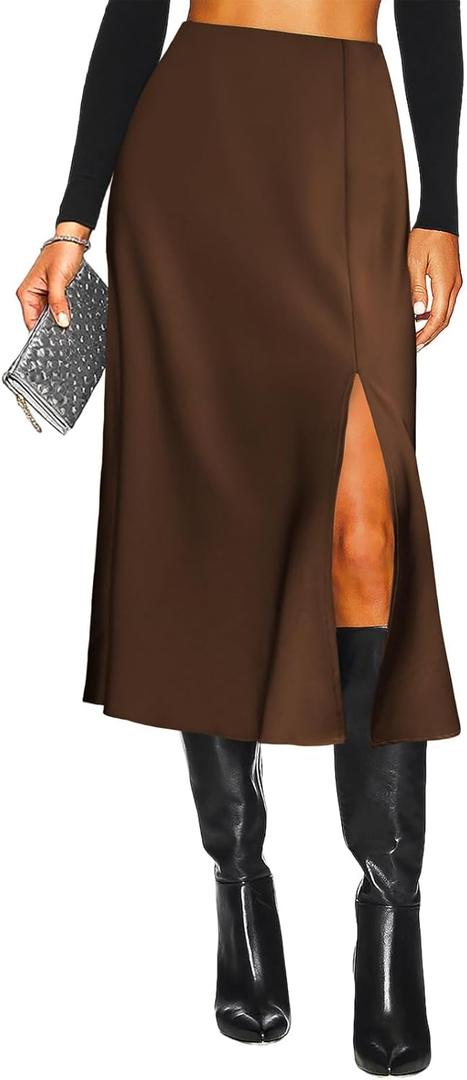 Women's Side Slit A Line Satin Midi Skirt Elastic High Waisted Cheetah Leopard Print Silk Long Skirts for Women