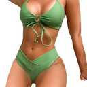 Sexy Bikini Set High Cut Swimsuit Set for Women Tie Knotte Bathing Suit 2 Piece, Green, Medium Size