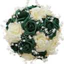Round Green Ivory Artificial PE Rose Bouquet with Pearl and Rhinestone for Bridal Toss and Bridesmaids Suit for Wedding Party