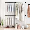 DR.IRON Industrial Pipe Clothing Racks with Double Bar, Industrial Black Clothes Racks Wall Mounted, Heavy Duty Closet Rods for Hanging Clothes Organizer Storage