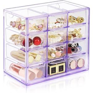 Desk Storage Organizer with 12 Mini Drawers, Clear Desktop Craft Drawer Cabinet, Stackable Storage Box Caddy for Makeup Jewelry Office Craft Supplies (Purple)