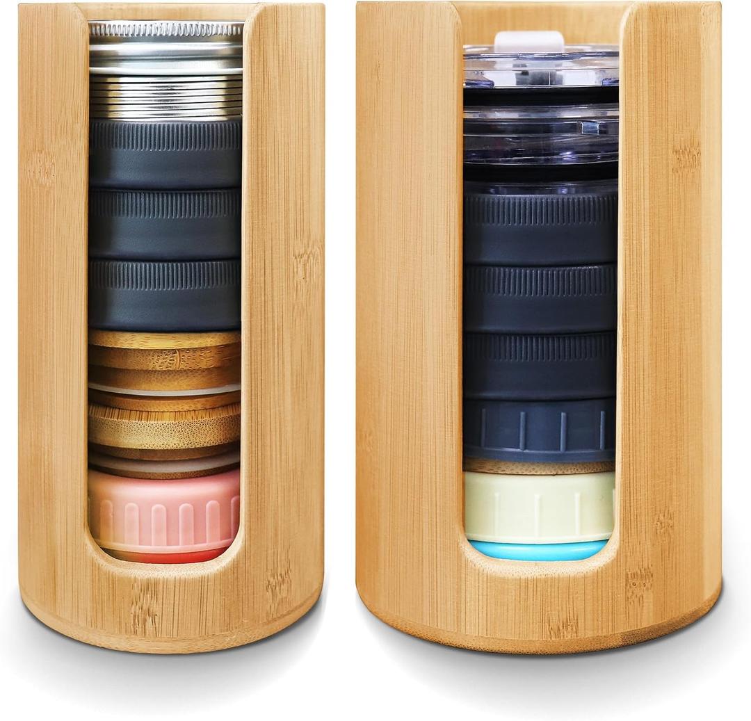 Mason Jar Lid Organizer (2pcs), Mason Jar Lid Storage Made of Bamboo, Suitable for Mason/Canning/Bamboo Lids(WIDE/REGULAR), Fit Perfectly, Stackable Steady