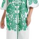 D-Sun Women Floral Embroidered Mid Dress 3/4 Sleeves Casual V-Neck Spring Summer Tunic Loose Zip Party Dress with Pocket (S)