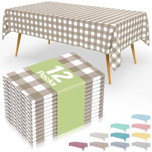 Smiry 12 Packs Gingham Disposable Table Cloth, 54 x 108 Inch Waterproof Plastic Tablecloth, Rectangle Khaki and White Checkered Table Covers for Outdoor, Birthday, Party