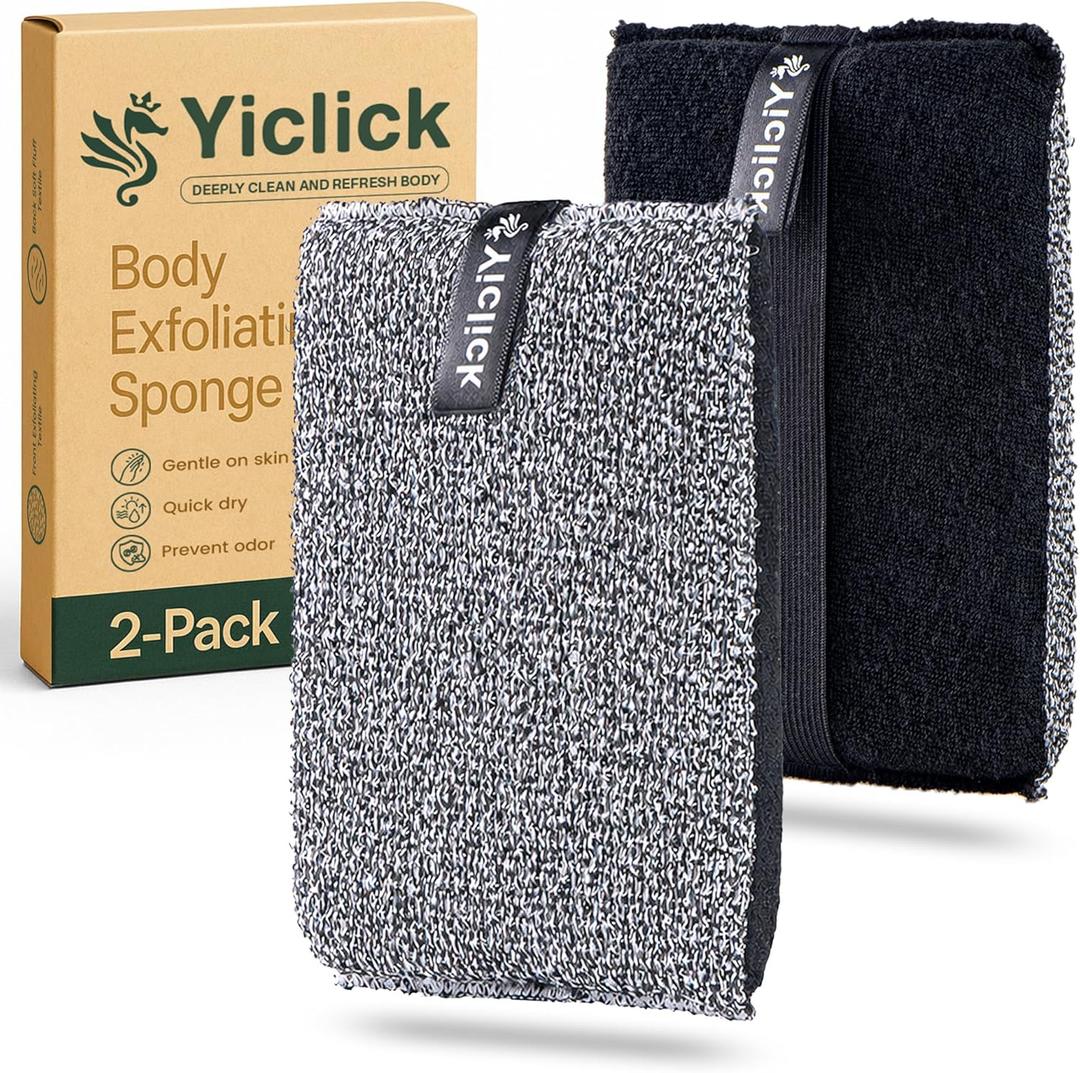 Yiclick Exfoliating Body Scrubber (2 Pack), Body Exfoliator Scrubber, Exfoliating Sponge for Shower Bath, Shower Loofah Luffa Lufa with Handle for Men Women, Dead Skin Exfoliator for Body Scrub