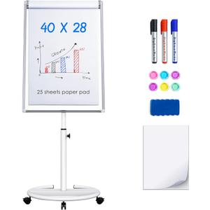 Maxtek Mobile Dry Erase Board 40x28 inches Magnetic Portable Whiteboard Stand Easel White Board Flipchart Easel Board with 25 Sheets Paper Pad for School Supplies (Silver)