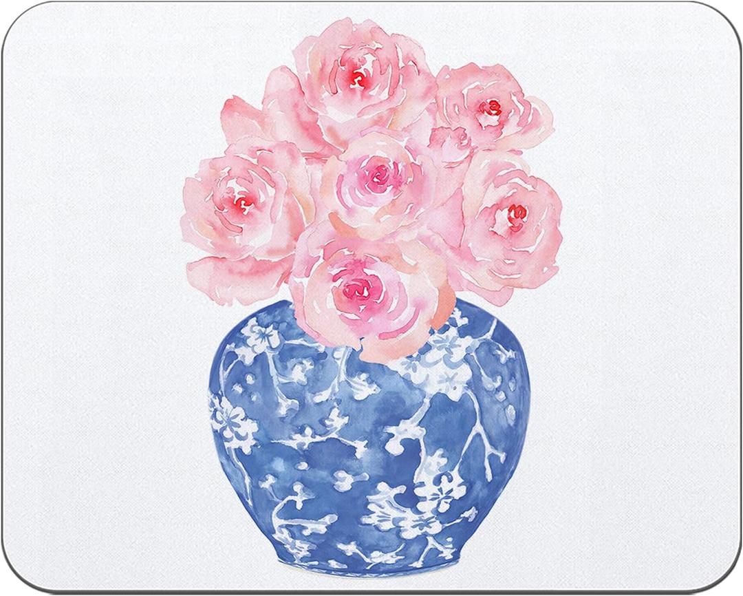 OFlich Inch Pink Rose Floral Mouse Pad, Blue and White Chinoiserie Square Mouse Pads for Desk, Vintage Mouse Pad, Aesthetic Mouse Pad, Blue Office Supplies, 9.5x7.9 Inch