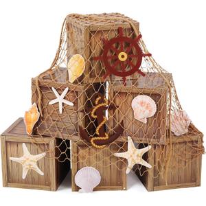 18 Pcs Pirate Party Decorations Imitation Wooden Box Fishing Net Car Trunk or Treat Decor Ocean or Pirate Party Favors Adventure Birthday Photo Booth Props(Wood)
