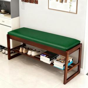 FAHKNS Shoe Bench with Leather Cushion 2 Tiers Shoe Rack 39.4" Rubberwood Shoe Organizer for Hallway, Living Room, Bedroom, Closet, Green