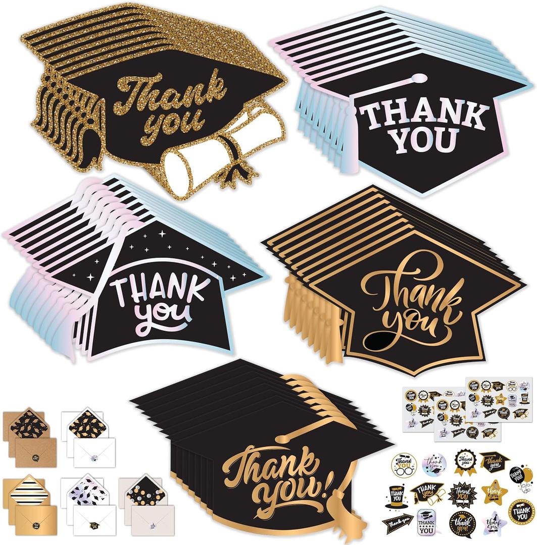 Decorably 40 Pack Postcard-Style Foiled, Glittery, and Holographic 6.5x4.5in Graduation Thank You Cards 2025 with Envelopes and Stickers, 5 Die-Cut Designs Thank You Cards with Envelopes Graduation
