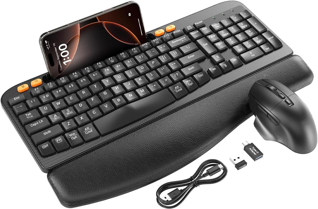 Wireless Keyboard and Mouse Combo, Ergonomic Wave Keys, Cushioned Palm Rest, Rechargeable, Phone Holder, Natural Typing, 2.4G Lag-Free, MA22 Plus Full Size Keyboards Set for Windows/Mac -SABLUTE