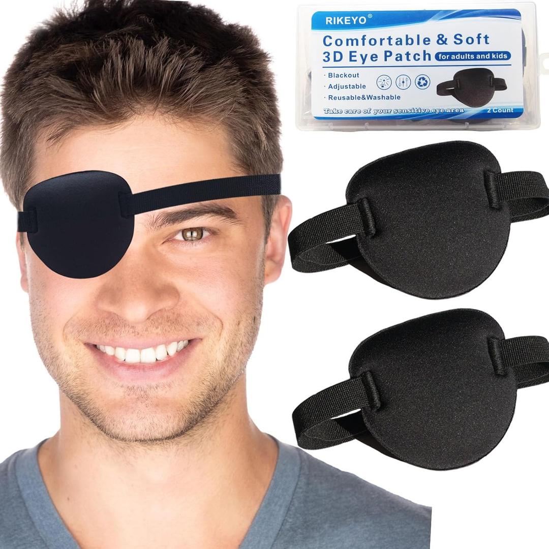 2 Pcs Eye Patches for Adults and Kids,3D Adjustable Eyepatch for Right or Left Eye,One Eye Cover for Lazy Eye,Pirate Costume(Black)