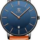BEN NEVIS Watch, Mens Watch, Minimalist Fashion Simple Wrist Watch Analog Date with Leather Strap (01-OrangeBlue-P)