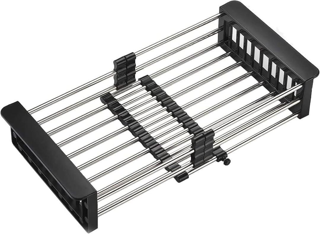 Kitchen Multi-Function Retractable Sink Dish Drying Rack, Stainless Steel Drainer for 10.7"-17" Sinks, Kitchen Countertop Organizer for Dishes, Vegetables, and Fruits (Black & Small)