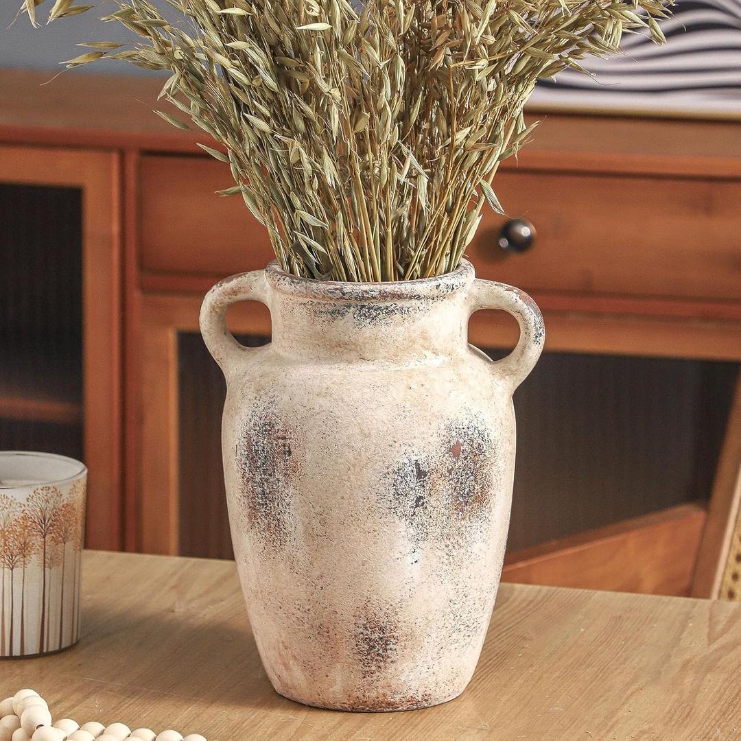 Farmhouse Ceramic Vase with Handle,9.7 inch Handcrafted Vintage Terracotta Pottery Vases for Shelf Decor, Coffee Table Styling, or Bedroom Accent