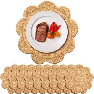 10 Set 13.8 Inch Round Woven Rattan Placemats Plate Chargers, Scalloped Edge Rattan Place Mats, Boho Farmhouse Braided Straw Table Mats for House Warming Gifts Dining Table Decor, Party