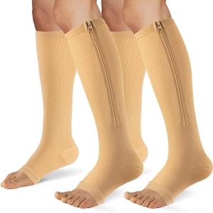 Zipper Compression Socks for Women & Men 2 Pairs15-20mmhg Open Toe Compression Stockings for Nurse and Long Standing Crowd (Small-Medium, Beige)