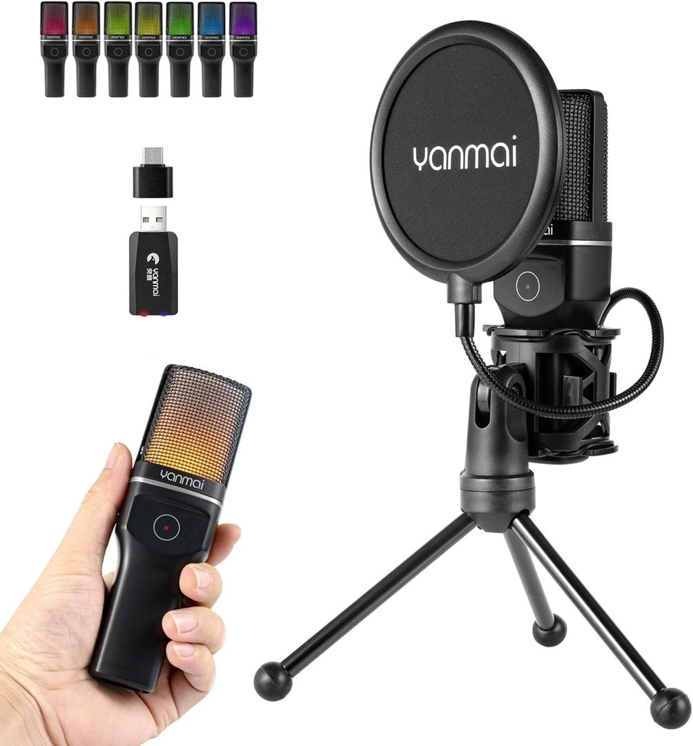 Wireless Microphone with ANC Noise Cancellation, RGB Lighting, Gooseneck Tripod, Dual Mode Wireless/USB-Cfor Live Streaming, Recording, Computers & Phones