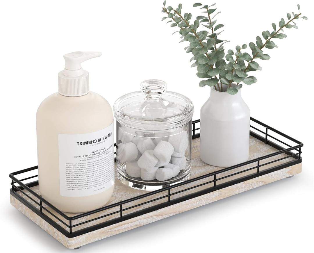 Bathroom Tray for Counter Top Organizer  Ash Wood Vanity Tray with Metal Frame for Dresser, Kitchen, Nightstand  Black & Whitewashed Decorative Storage (11" x 4.5" x 1.5")
