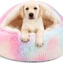 Calming Dog Beds & Cat Cave Bed with Hooded Cover,Removable Washable Round Beds for Small Medium Pets,Anti-Slip Faux Fur Fluffy Coved Bed for Improved Sleep,Fits up to 15/25 lbs(Colorful,M) (24.00" x 24.00" x 8.00")