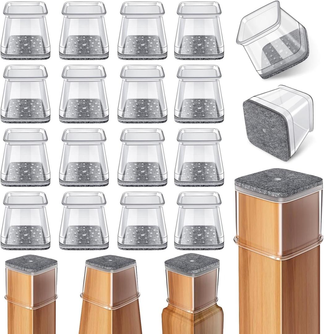 24 Pcs Chair Leg Floor Protectors Square, Silicone Felt Furniture Leg Pads Caps Covers for Hardwood Floors (Fit:3/4" to 1") (Medium-Clear)