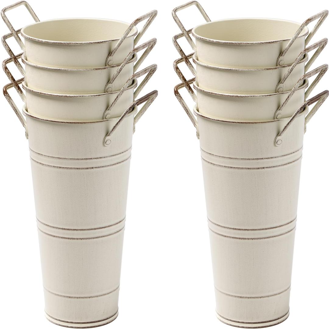 8 Pack Galvanized Metal Vases for Flowers, 9 Inch Flower Bucket with Handles, French Bucket for Home Decor Table Weddings Centerpiece Decorations, Beige