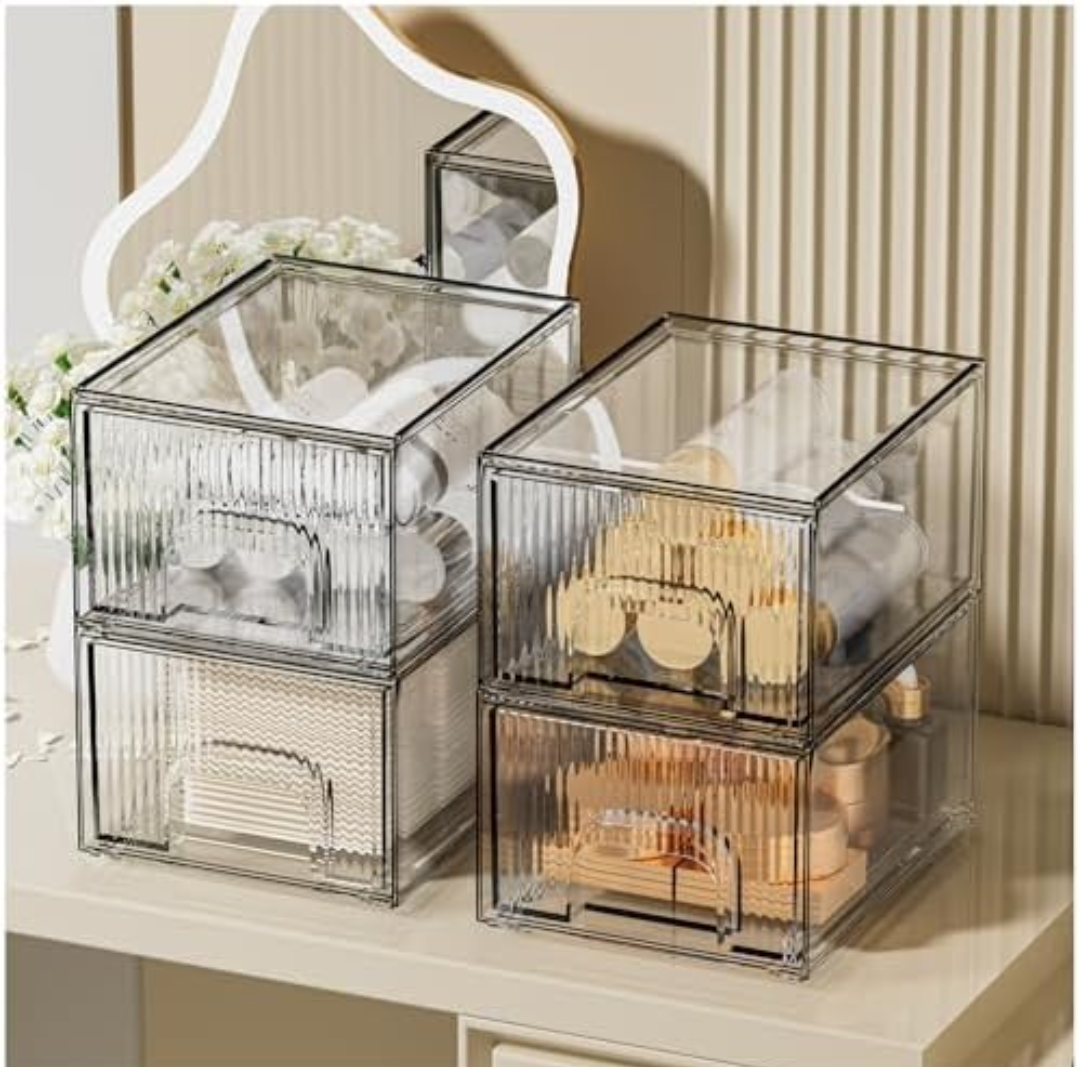 COMVTUPY 4 Pack Striped Stackable Acrylic Makeup Drawers Organizer, Clear Acrylic Cosmetic Storage Makeup Organizer Box with Drawers for Skincare Vanity Bathroom Pantry Organization Stackable
