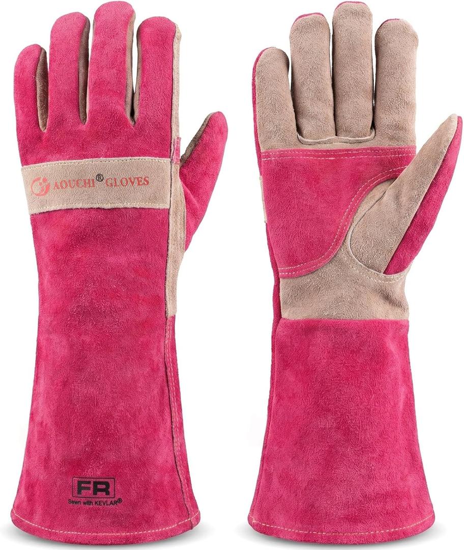 Long Gardening Gloves for Women, Leather Rose Pruning Gloves, Heat Resistant Durable Work Gloves for Yard Work, Welding, BBQ, Cooking, Fireplace and Chainsaw (Pink, X-Small)