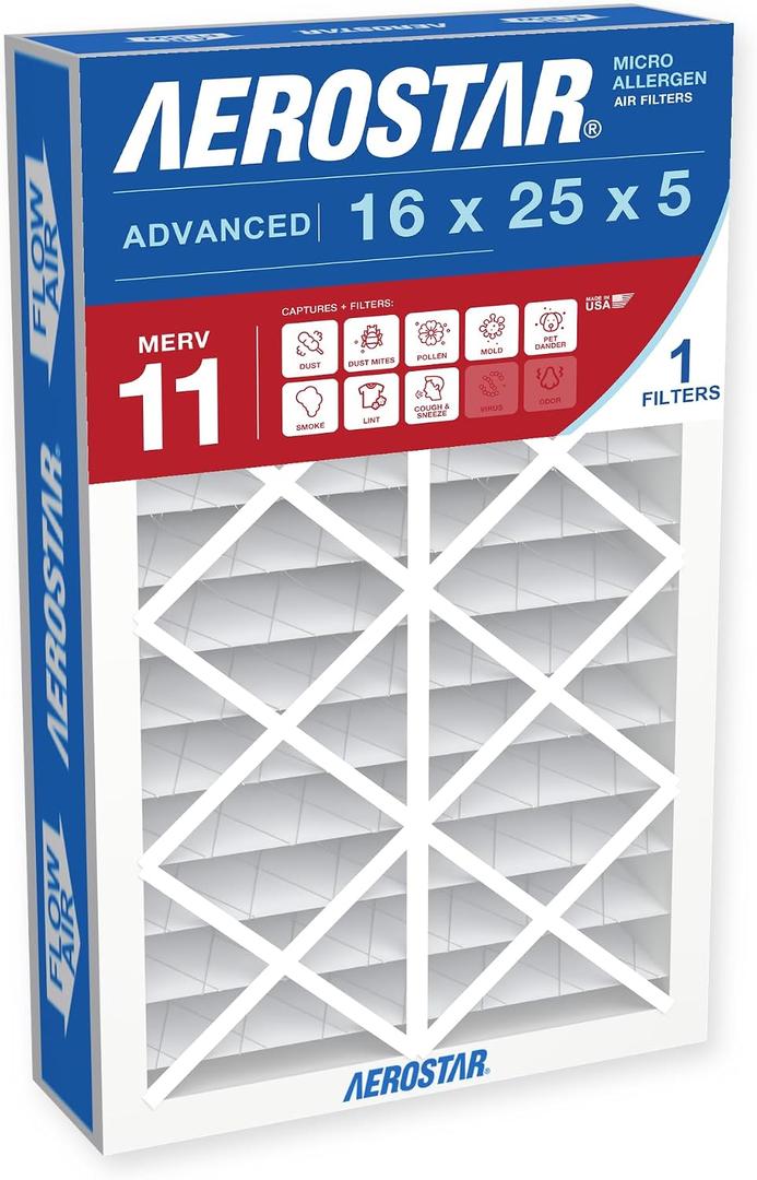 Aerostar Air Filter 16x25x5 MERV 11 AC Filter, HVAC, Furnace Filter, 1 Pack