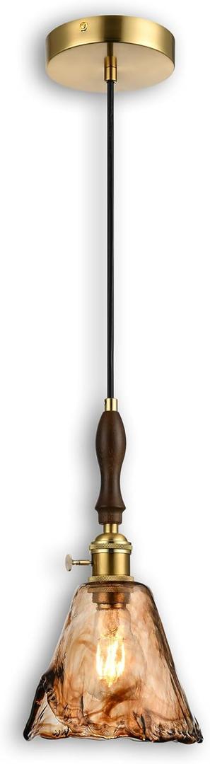 Modern Amber Glass Pendant Light, 6"x11.5" Floral Bell-Shaped Hanging Light with Wood Handle & Brass Cap, 15"-72" Adjustable Line, E26 Socket Golden Amber Morning Glory