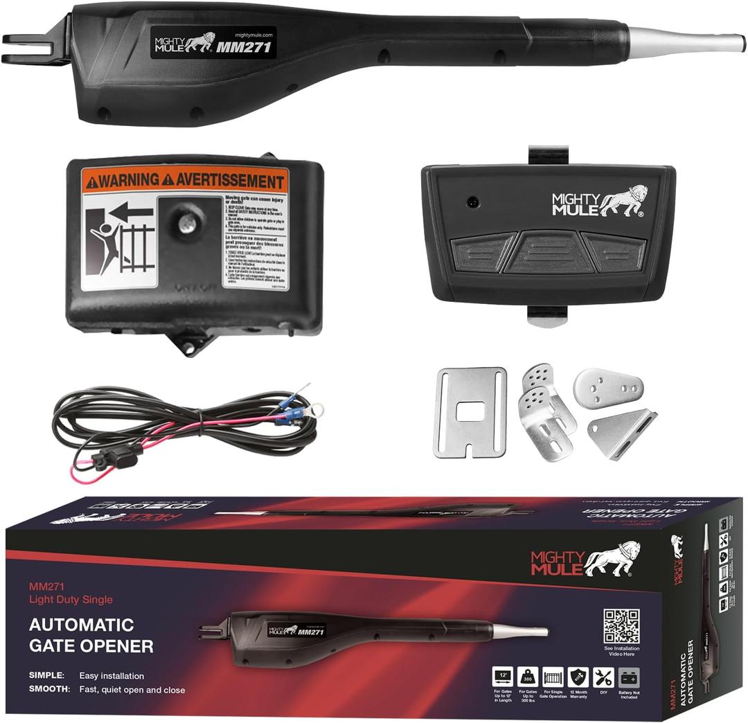 Mighty Mule MM271 Automatic Gate Opener, Solar Ready, Comes with Gate Opener Remote and More-Up to 12ft Long or 300lb, Black, 1 Gate Opener Kit