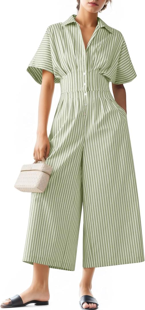 Women's Dressy Casual Loose Jumpsuits One Piece Striped Short Sleeve Button Down Shirt Wide Leg Rompers Summer Outfit Large