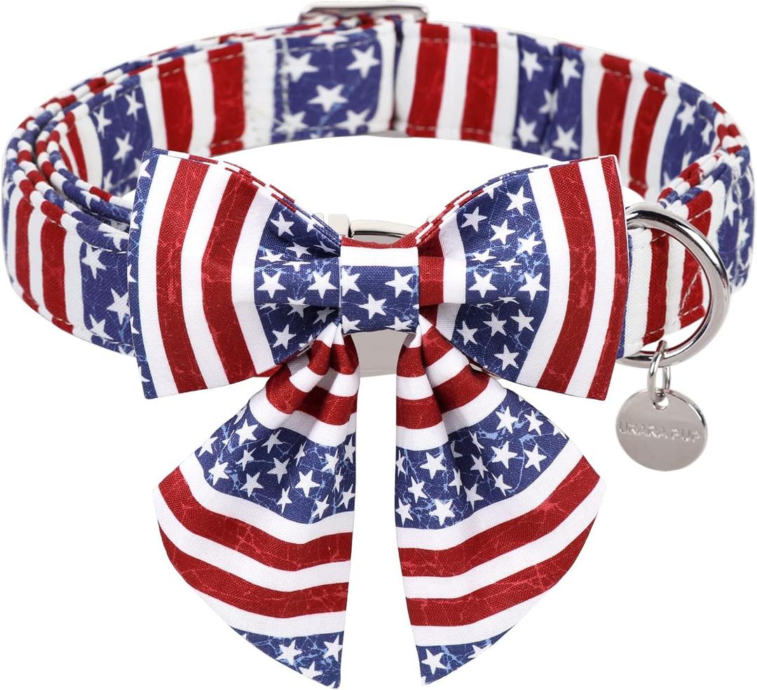 Patriotic Dog Collar with Bow Tie, 4th of July Bowtie Dog Collar, American Flag Collar for Puppy Boy Girl Dog or Cat, Comfortable Summer Bowtie Collar with Metal Buckle, XS Patriotic Dog Collar with Bow Tie, 4th of July Bowtie Dog Collar, American Flag Collar for Puppy Boy Girl Dog or Cat, Comfortable Summer Bowtie Collar with Metal Buckle, XS