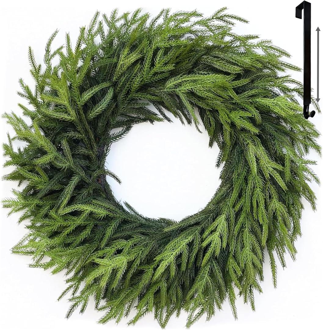 FINECASA Green Christmas Wreath for Front Door - Natural Realistic, Full & Soft Norfolk Wreath, Indoor/Outdoor Holiday Decor, Seasonal Porch Window Sign